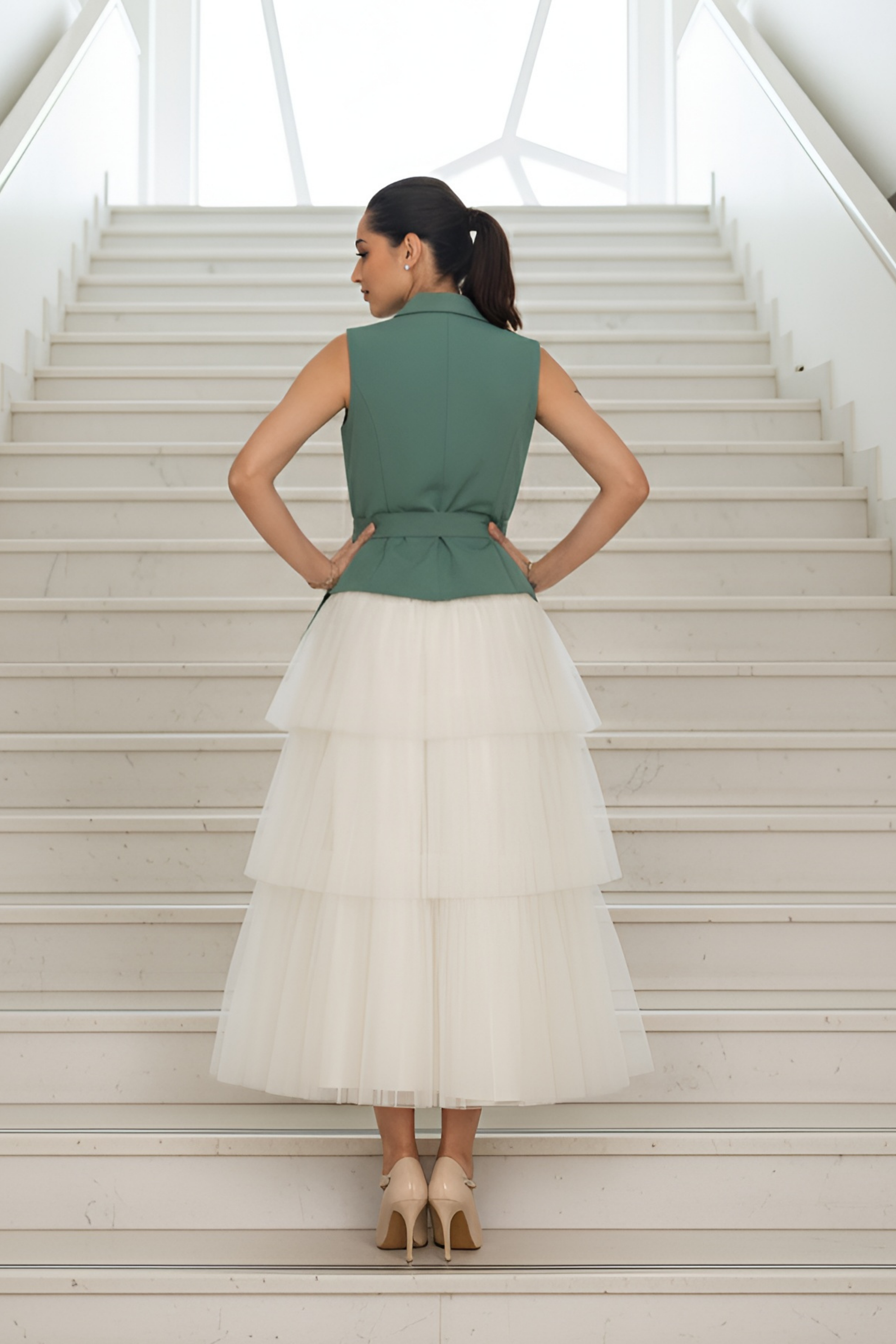 Ivory Layer Skirt & Sea-Green Waist Coat – Fresh Elegance